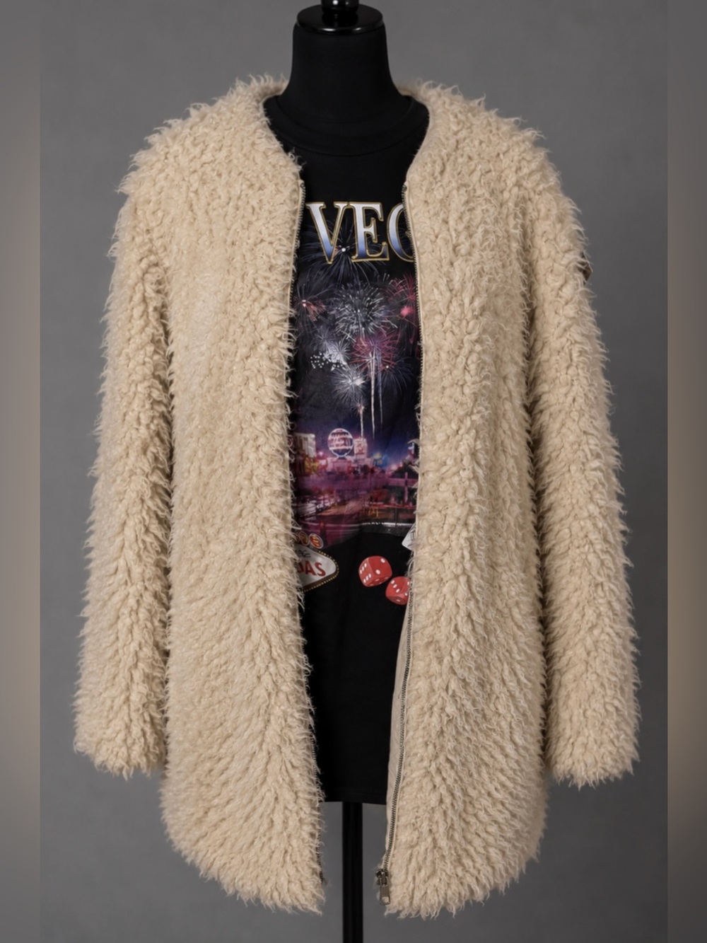 BB Dakota fuzzy faux fur zip cardigan long jacket coat.  Off white. M